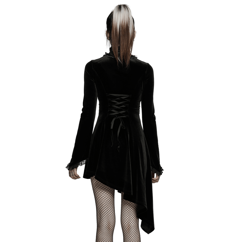 Back view of a Velvet Gothic Lace-Trim Asymmetrical Dress showcasing intricate lace details and adjustable design.