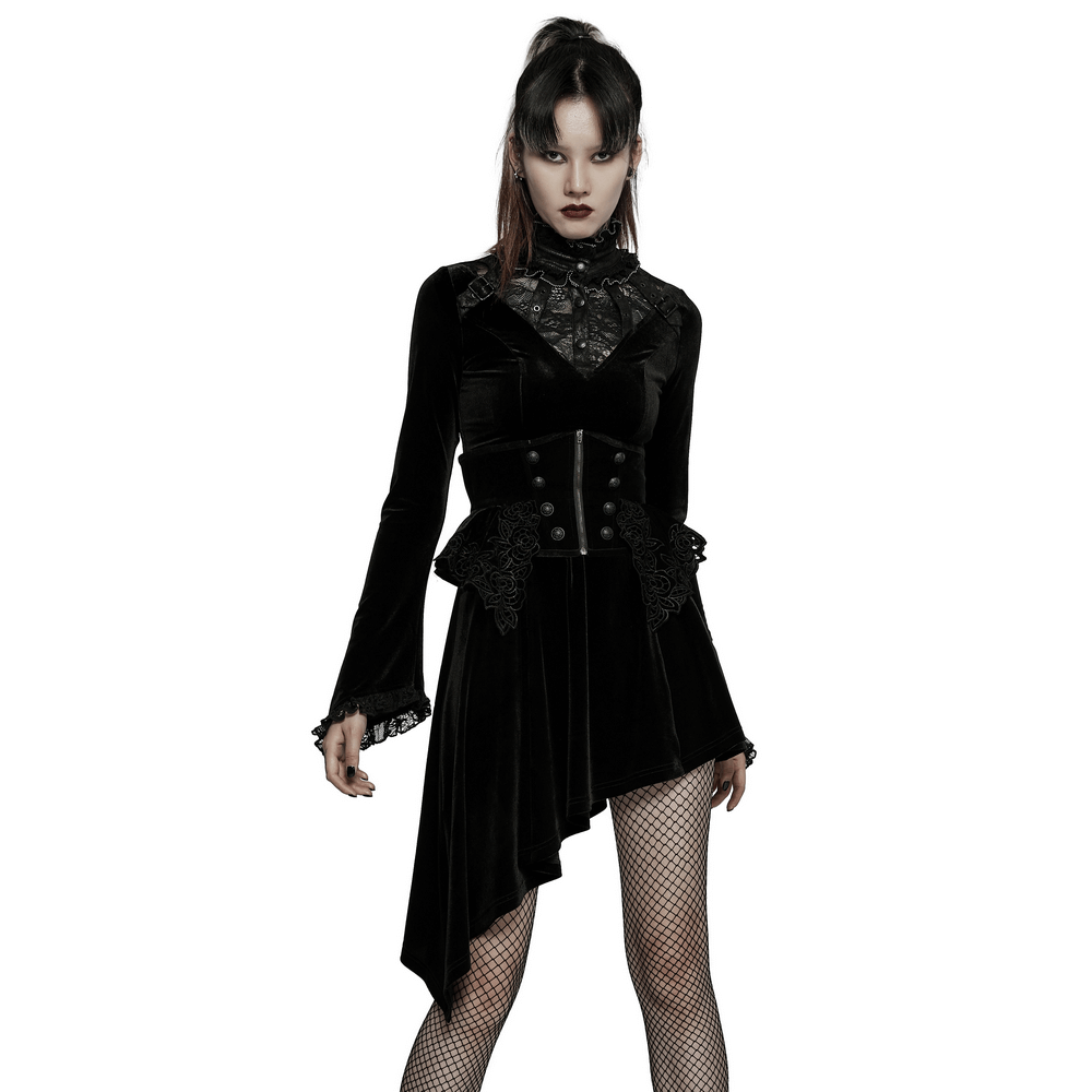 Elegant black velvet asymmetric dress with lace trim and metal collar, embodying Gothic romance.