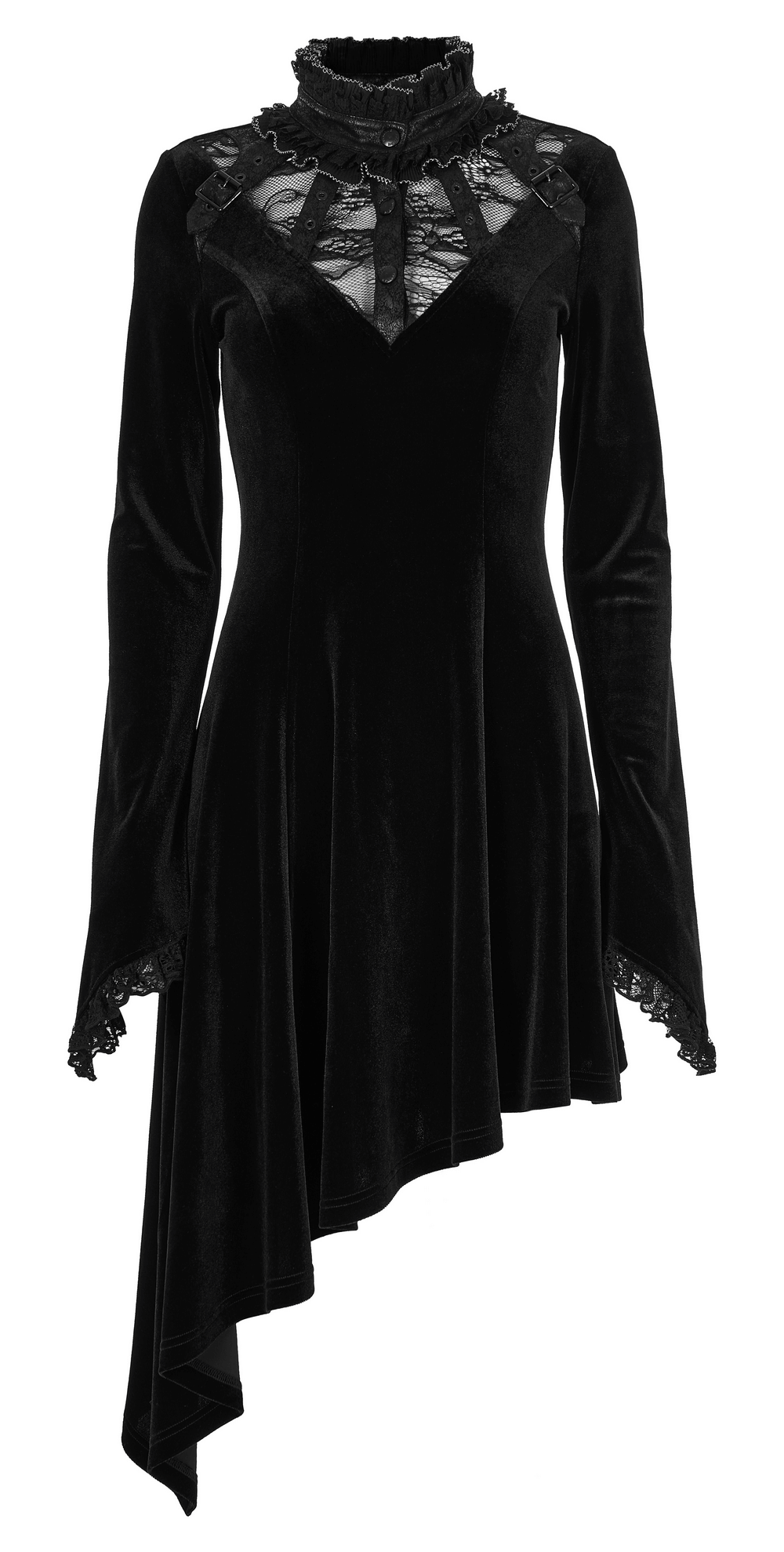 Elegant black velvet Gothic asymmetrical dress with lace trim and long sleeves.
