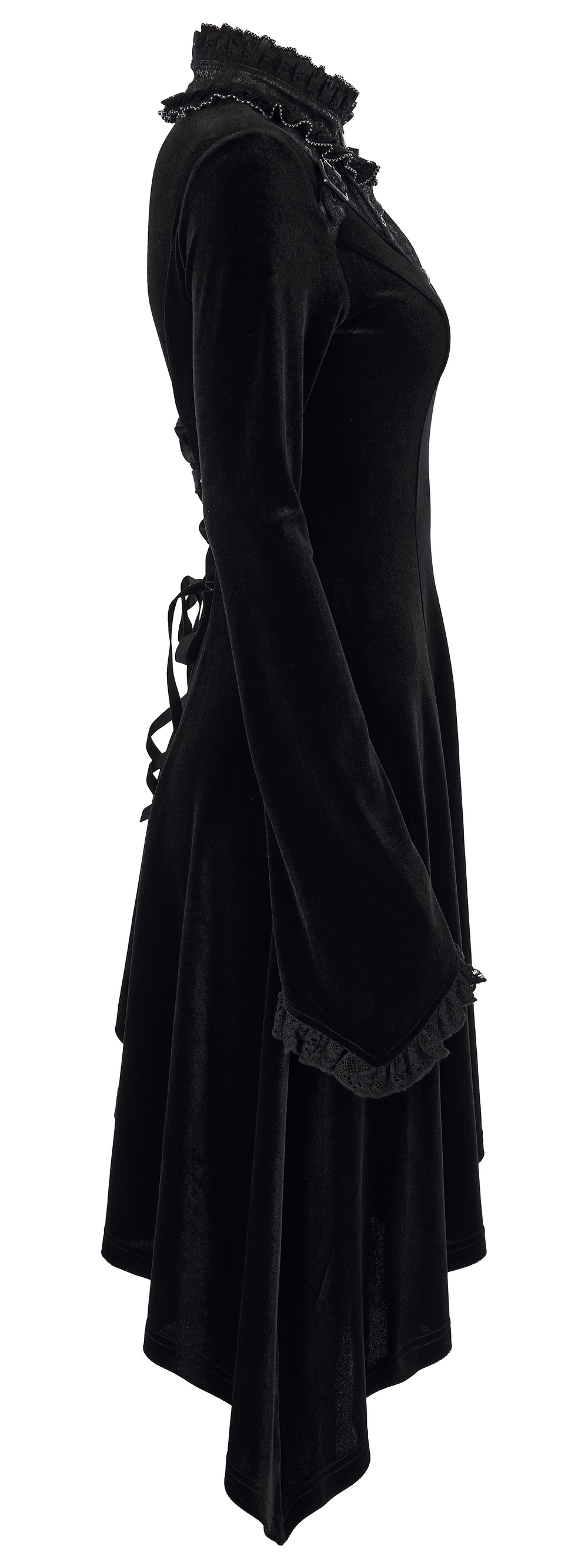 Side view of Velvet Gothic Lace-Trim Asymmetrical Dress with ruffled collar and lace detail, showcasing modern Gothic style.