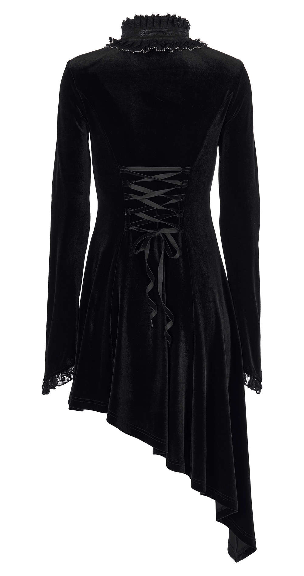 Back view of the Velvet Gothic Lace-Trim Asymmetrical Dress showcasing lace-up details and a flowing asymmetric hem.