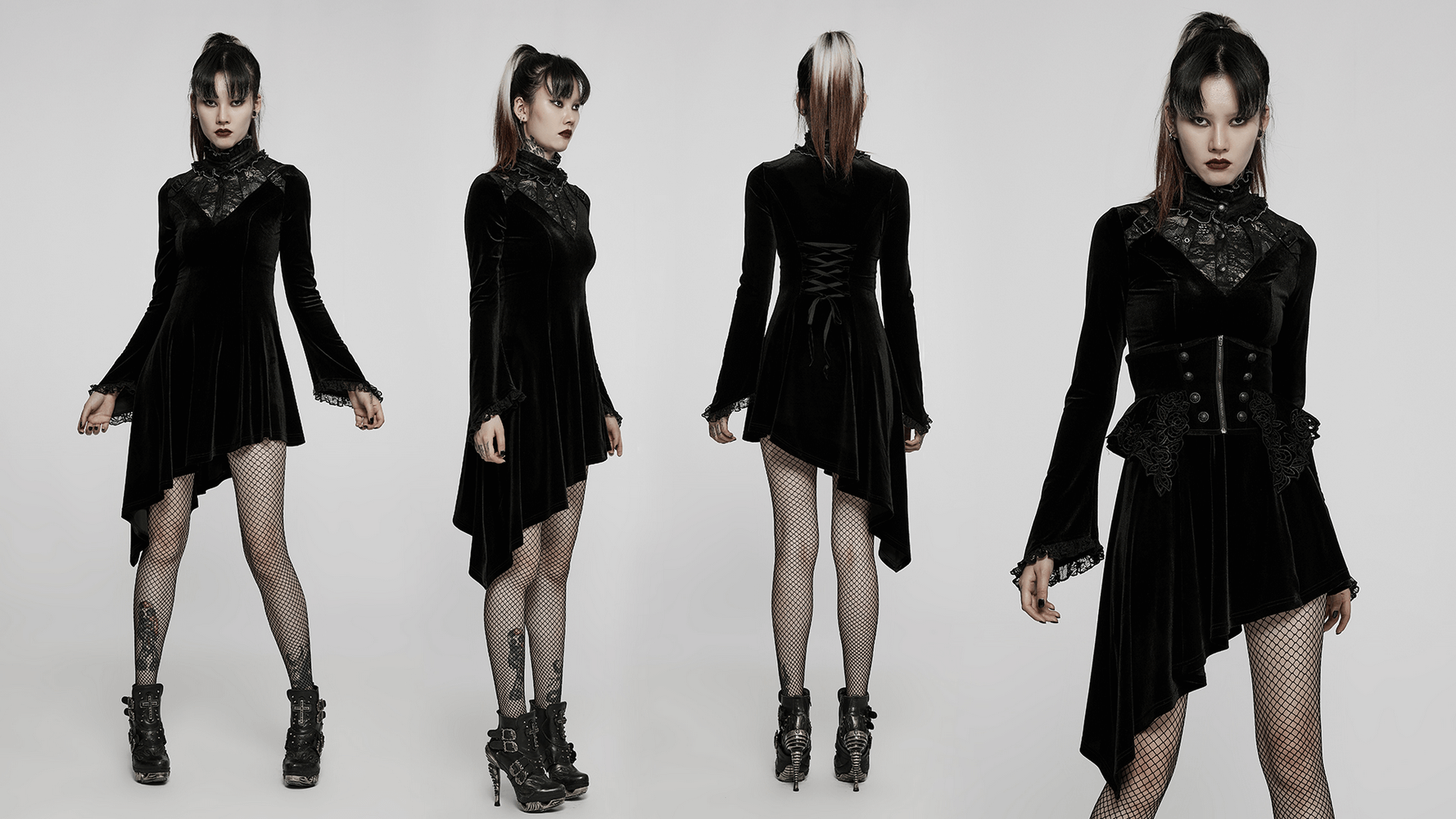 Elegant velvet gothic dress with lace trim, asymmetrical hem, and chic accessories, showcasing a modern gothic style.