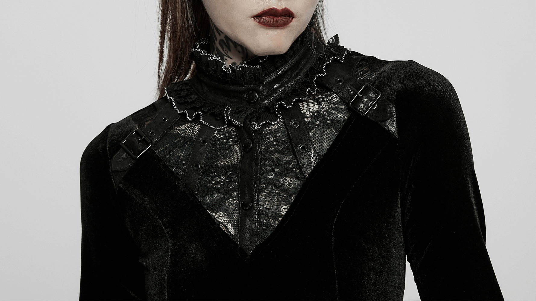 Close-up of Velvet Gothic Dress with lace and metal collar details, showcasing dark elegance and intricate design.