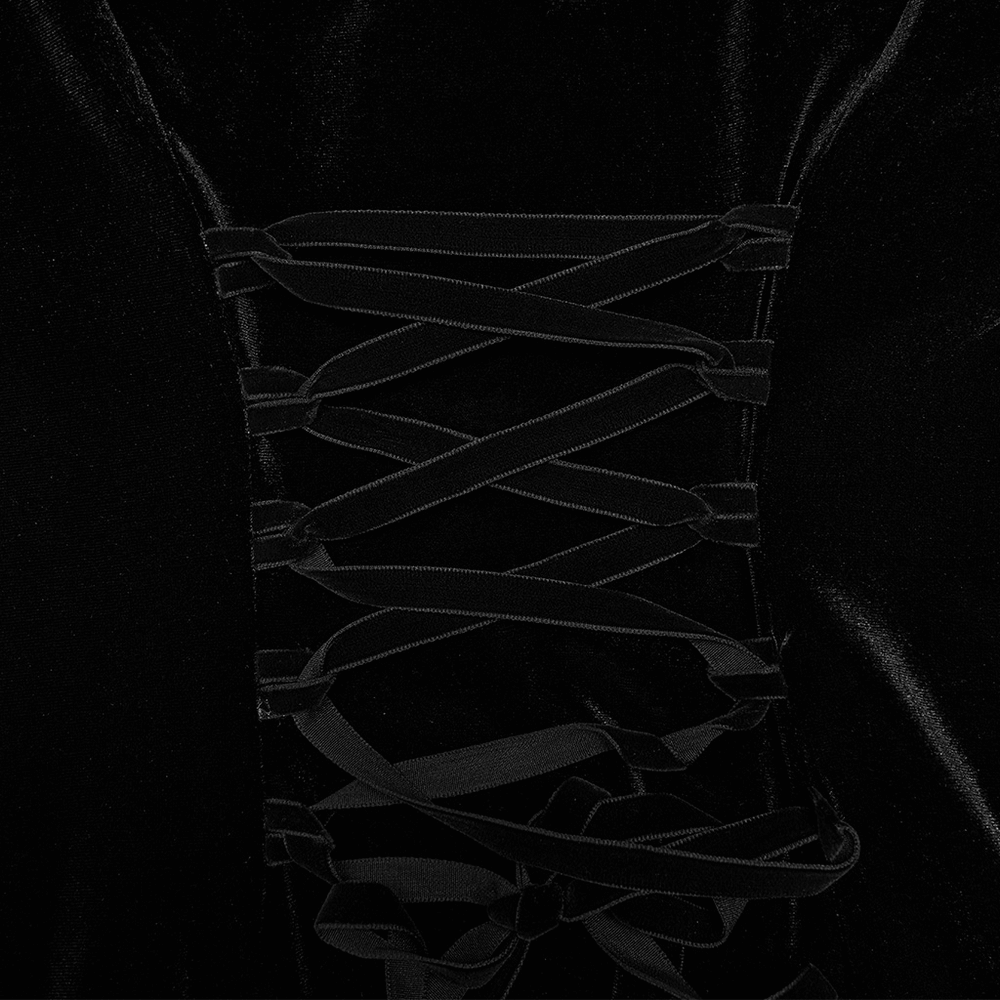 Close-up of the elegant lace-up design on our Velvet Gothic Lace-Trim Asymmetrical Dress.