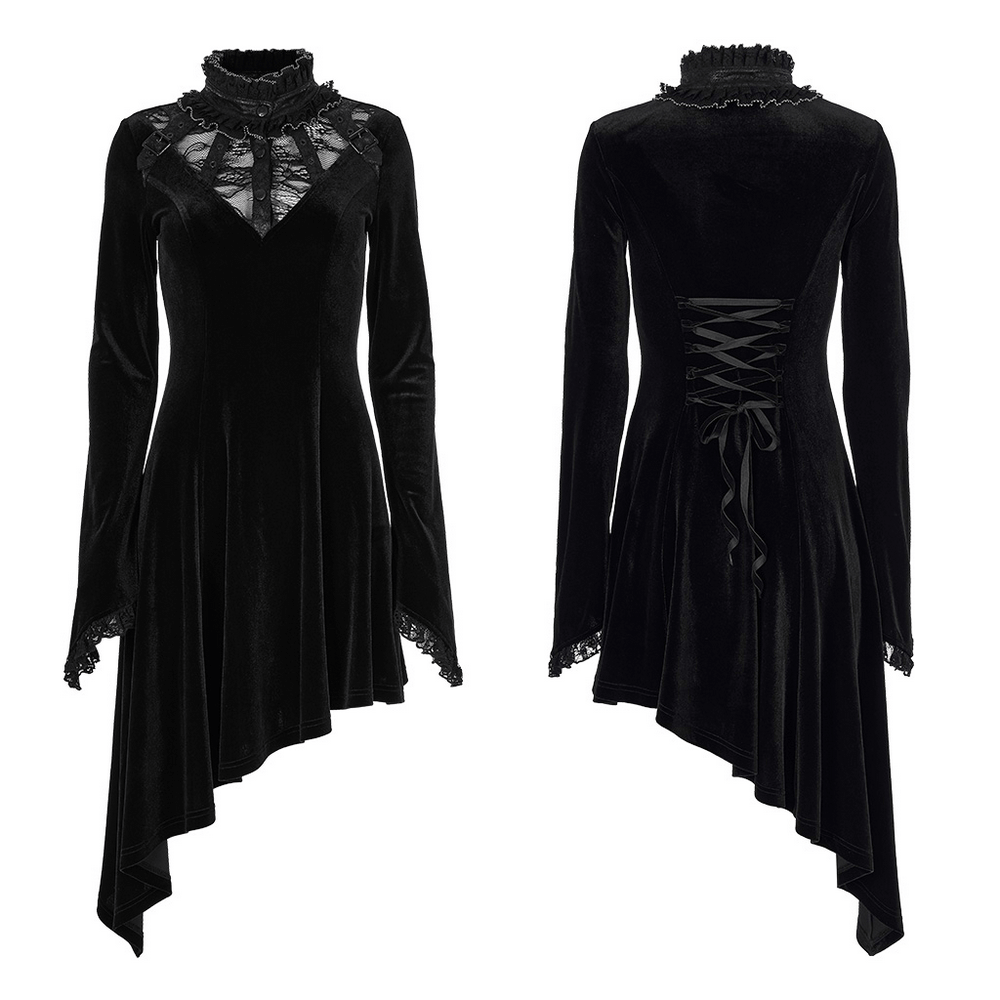 Elegant velvet Gothic dress with asymmetric hem and lace-trimmed collar, perfect for dark romance lovers.
