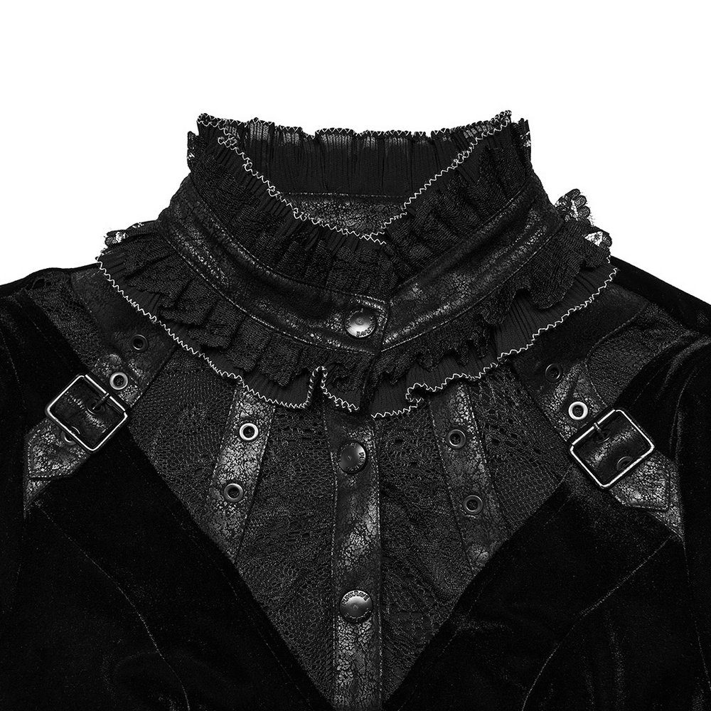 Close-up of the luxurious velvet collar and lace details on the Gothic dress, showcasing elegant style and intricate craftsmanship.