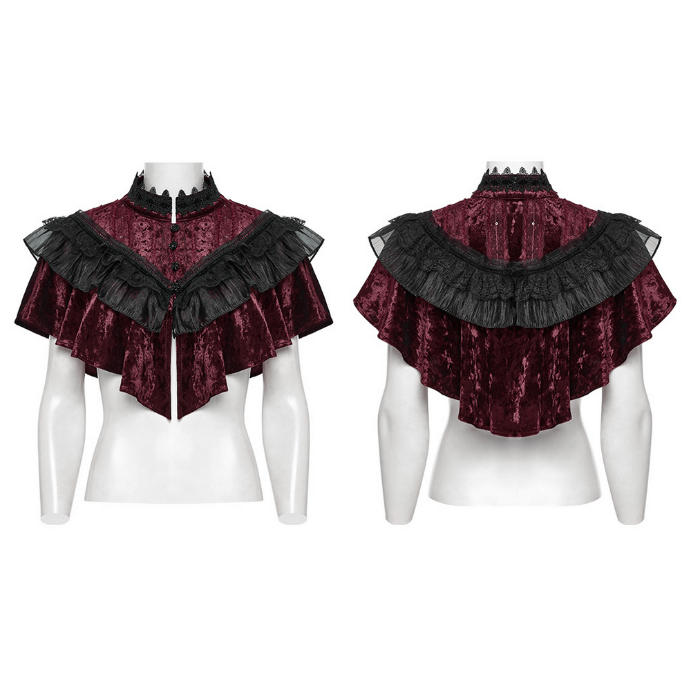 Stylish velvet gothic cape with lace detailing and rose buckle, showcasing rich textures for a vintage look.
