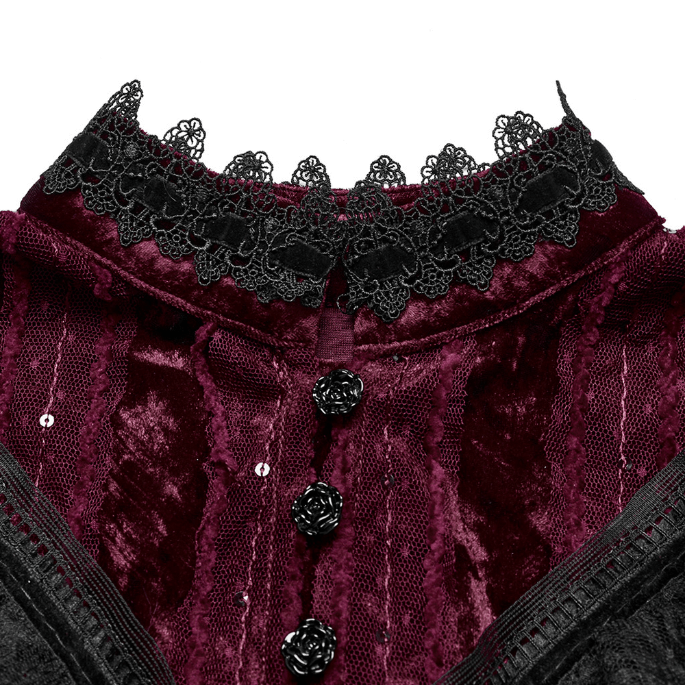 Close-up of velvet gothic cape collar with ornate black lace and rose buttons, showcasing vintage gothic elegance.