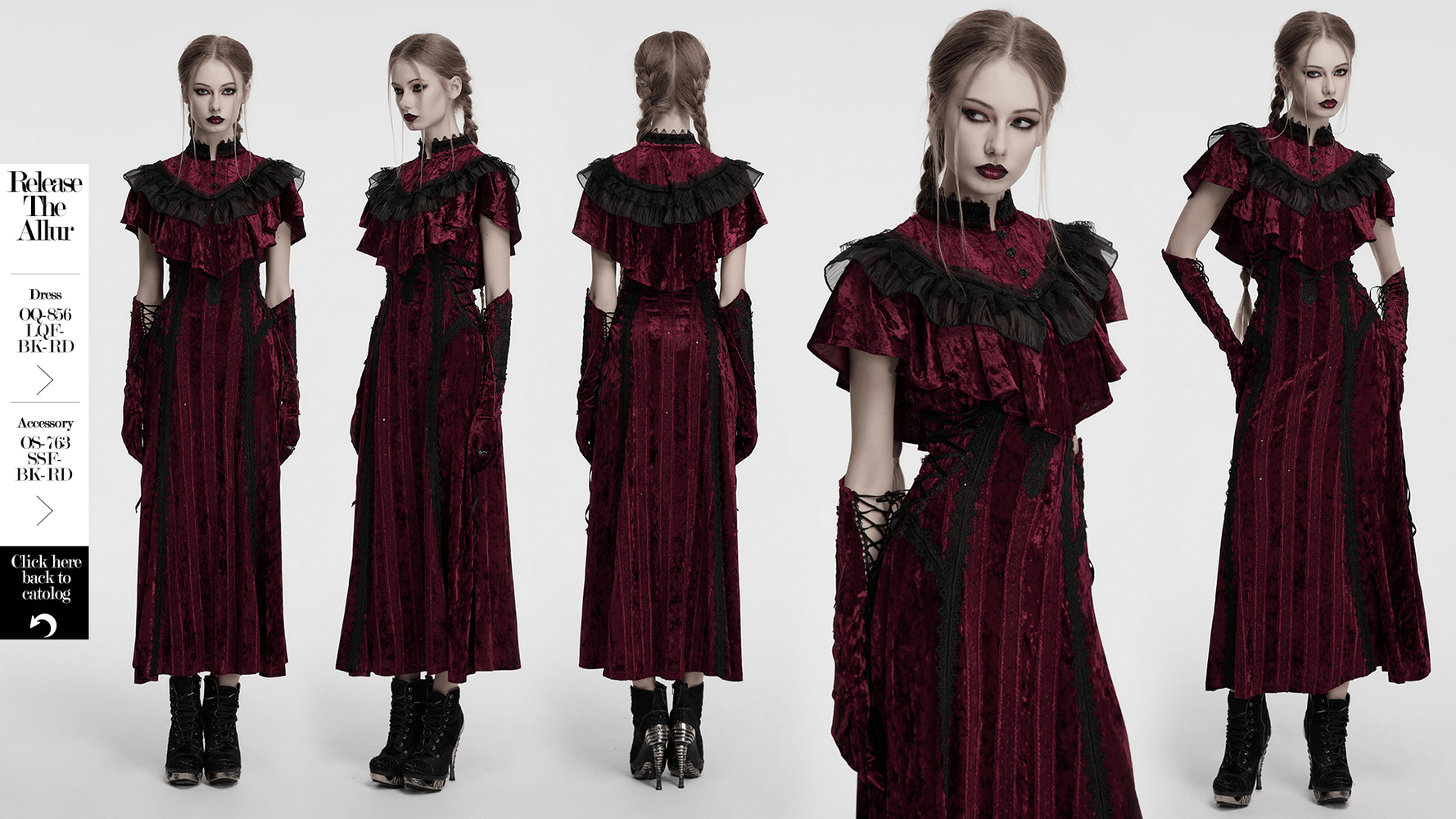 Elegant red velvet gothic dress with lace ruffles, showcasing vintage style and dramatic flair.