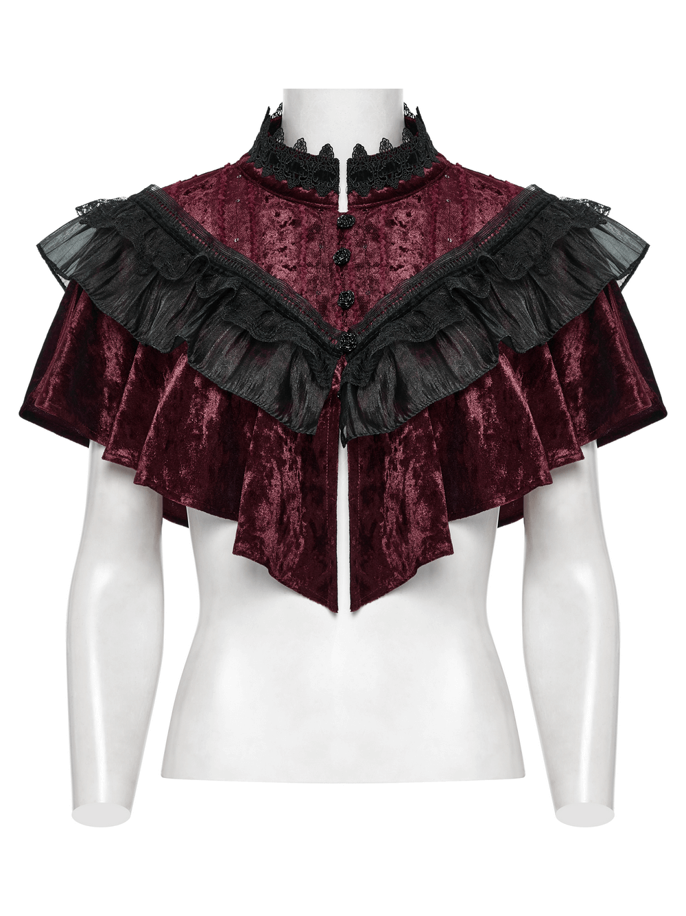 Velvet gothic shoulders cape featuring lace collar and rose buckle for vintage elegance and gothic romance.