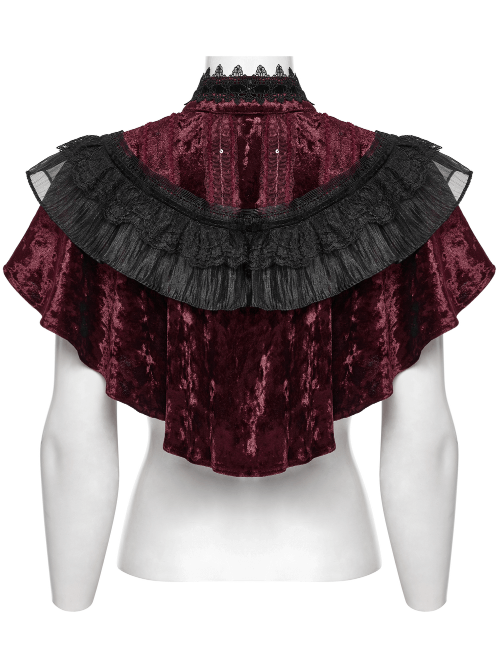 Back view of velvet gothic shoulders cape with lace, showcasing rich burgundy fabric and elegant ruffles.