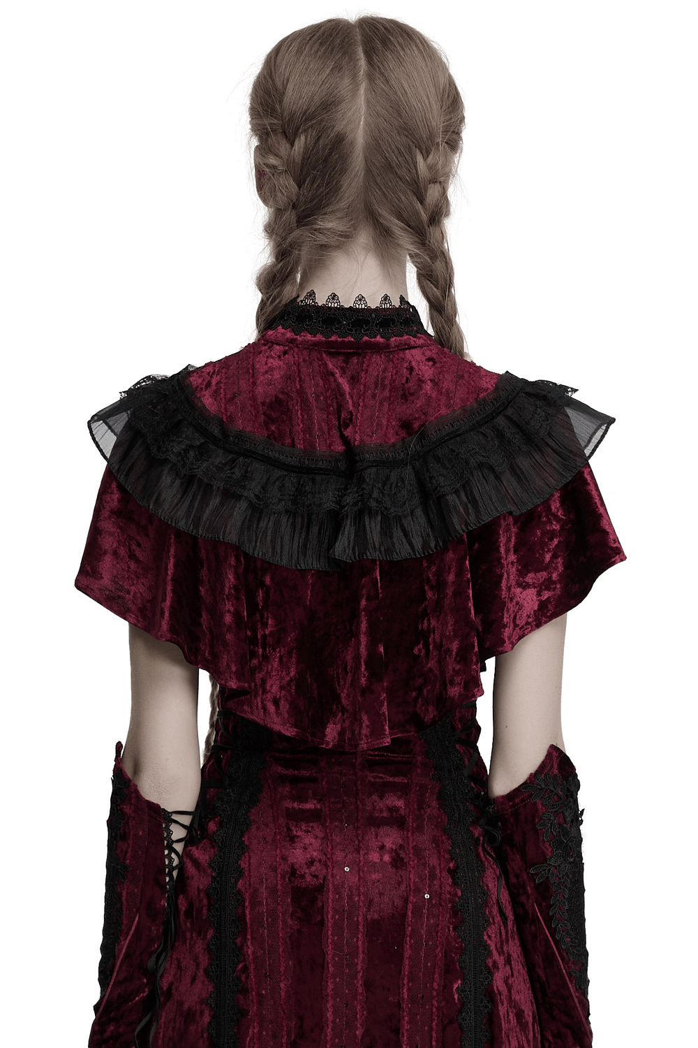 Back view of a burgundy velvet gothic cape with lace detailing and ruffled collar, showcasing vintage elegance.