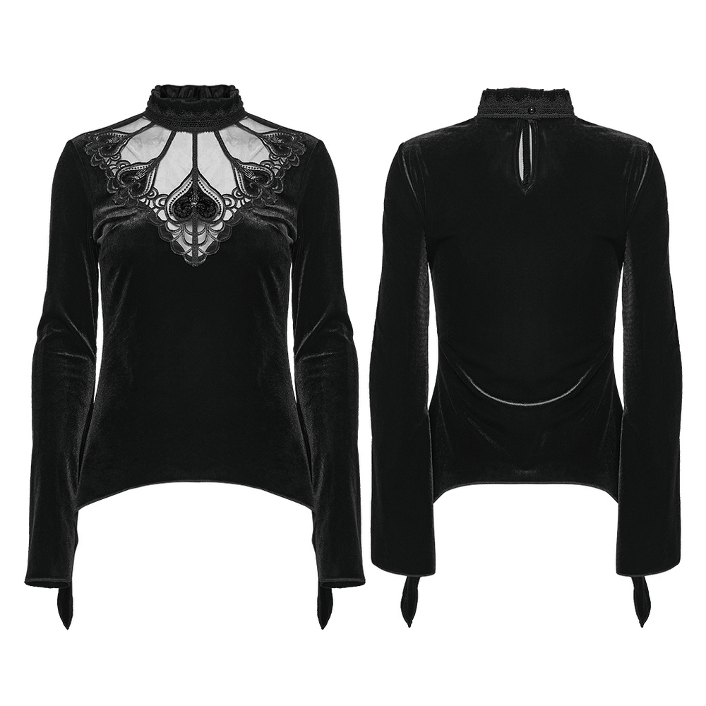 Velvet Gothic Top with Sheer Lace and Ruffled Collar featuring elegant details and stylish design.