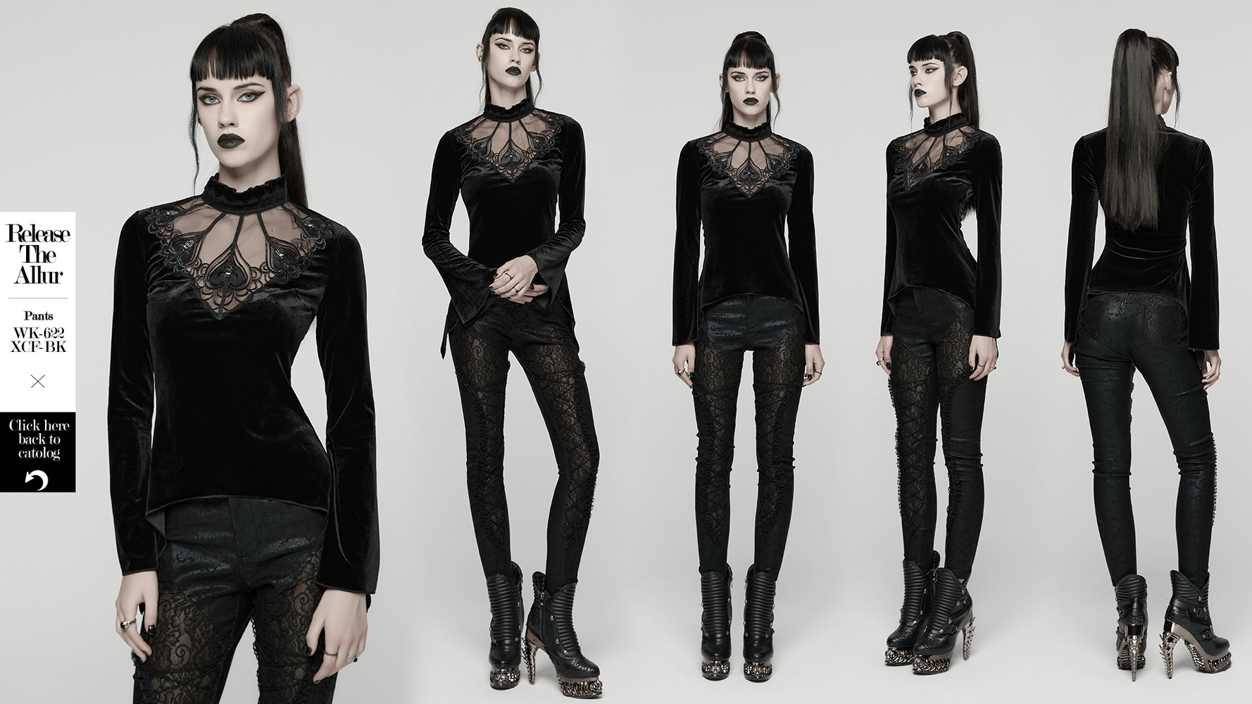 Stylish model showcasing a Velvet Gothic Top with Sheer Lace and Ruffled Collar in various poses on a grey background.