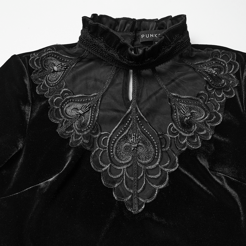Velvet Gothic Top with Sheer Lace and Ruffled Collar showcasing intricate lace detail and elegant silhouette.