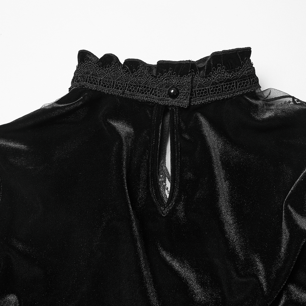 Detail view of the Velvet Gothic Top with Sheer Lace and Ruffled Collar neckline and button closure