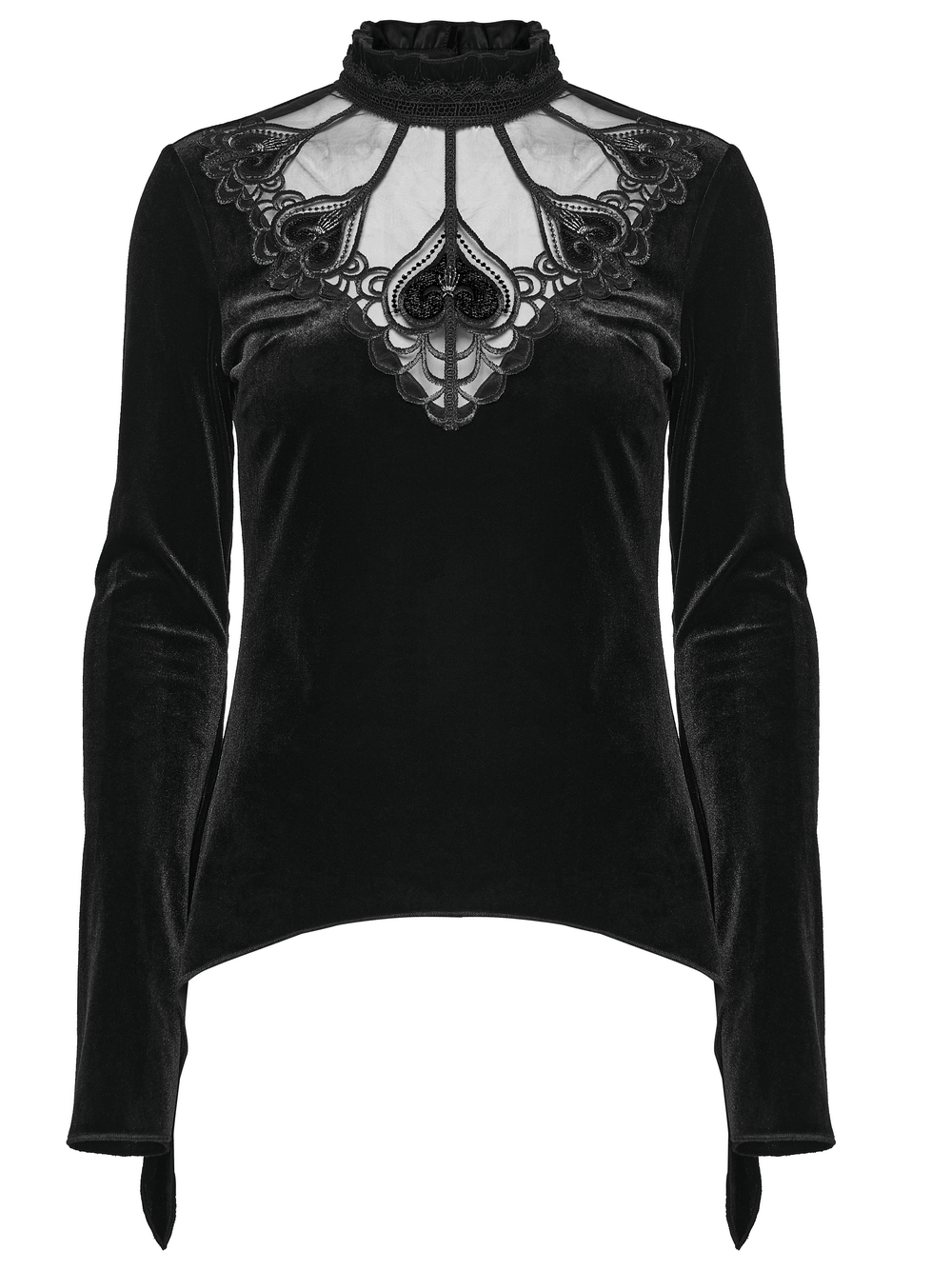 Velvet Gothic Top with Sheer Lace and Ruffled Collar in black, featuring intricate lace detailing and ruffled accents.