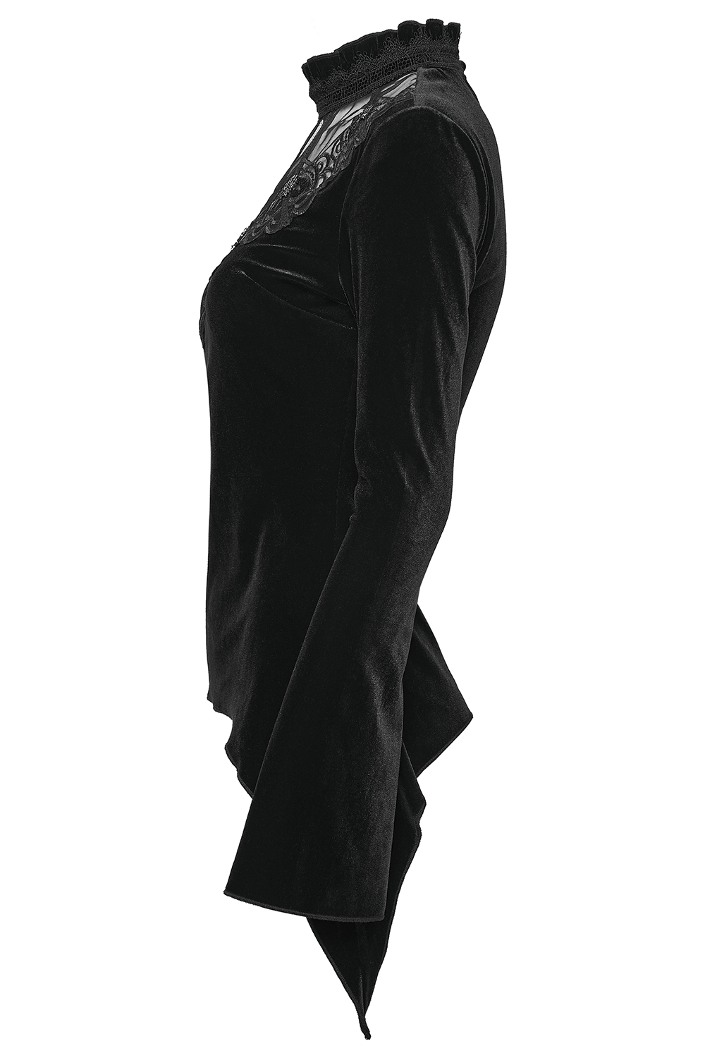 Velvet Gothic Top with Sheer Lace and Ruffled Collar side view showcasing black velvet fabric and elegant design.