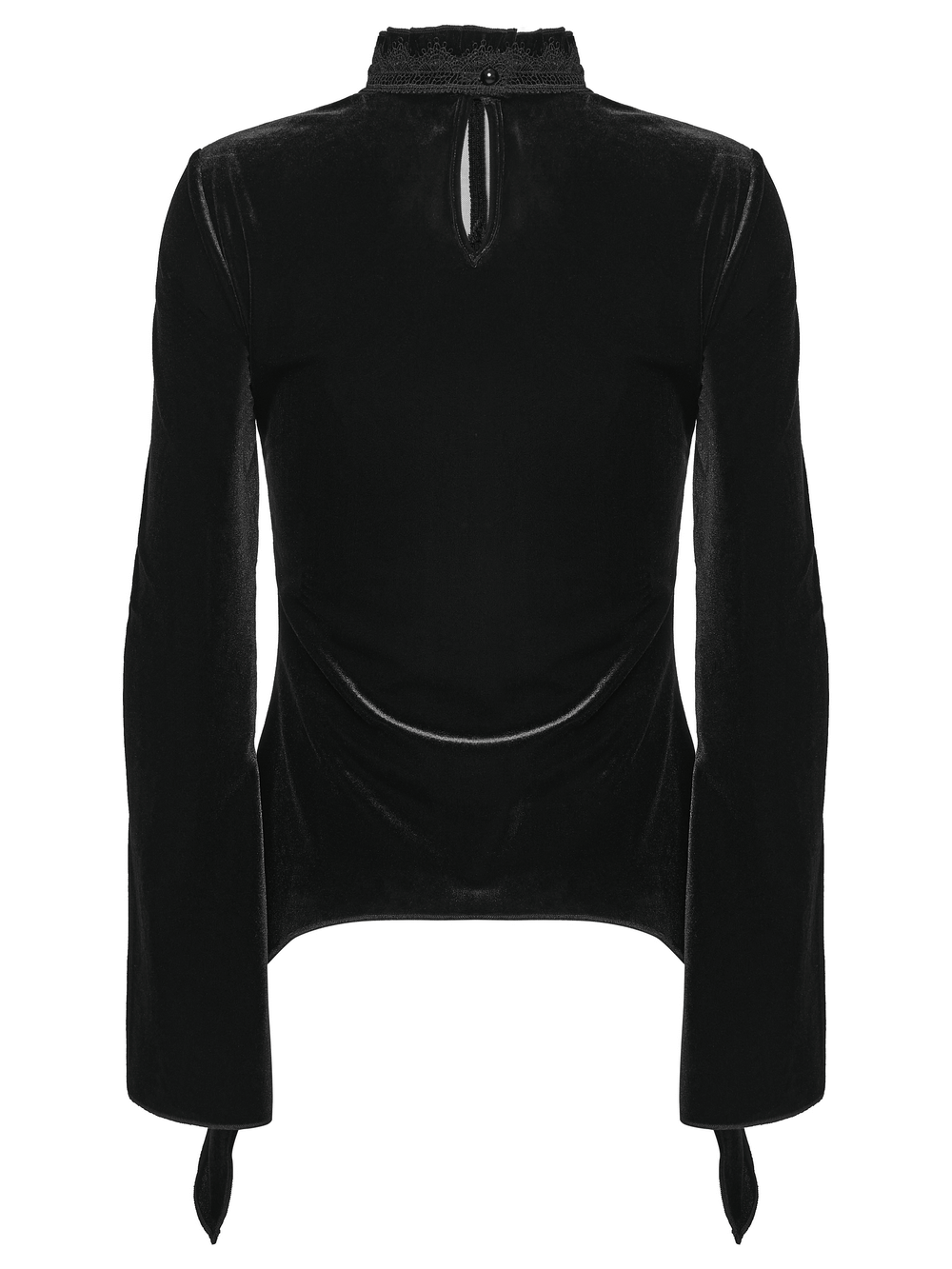 Back view of a Velvet Gothic Top with Sheer Lace and Ruffled Collar showcasing elegant black velvet fabric.