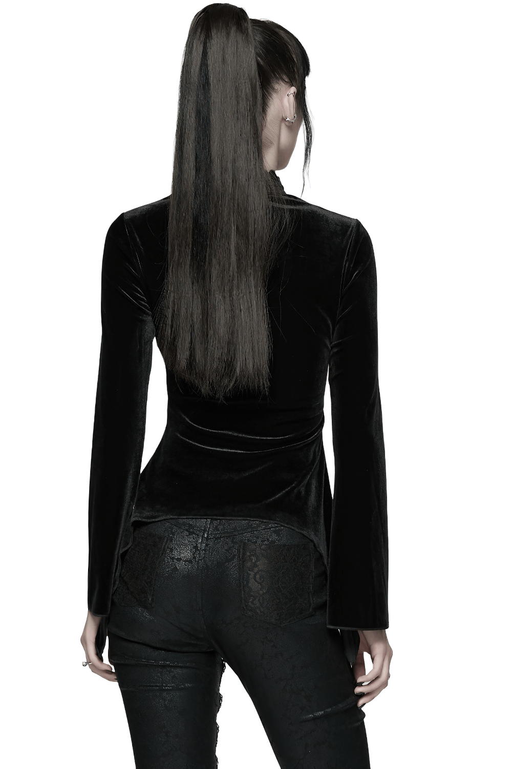 Velvet Gothic Top with Sheer Lace and Ruffled Collar showcased from the back on a model with long hair.