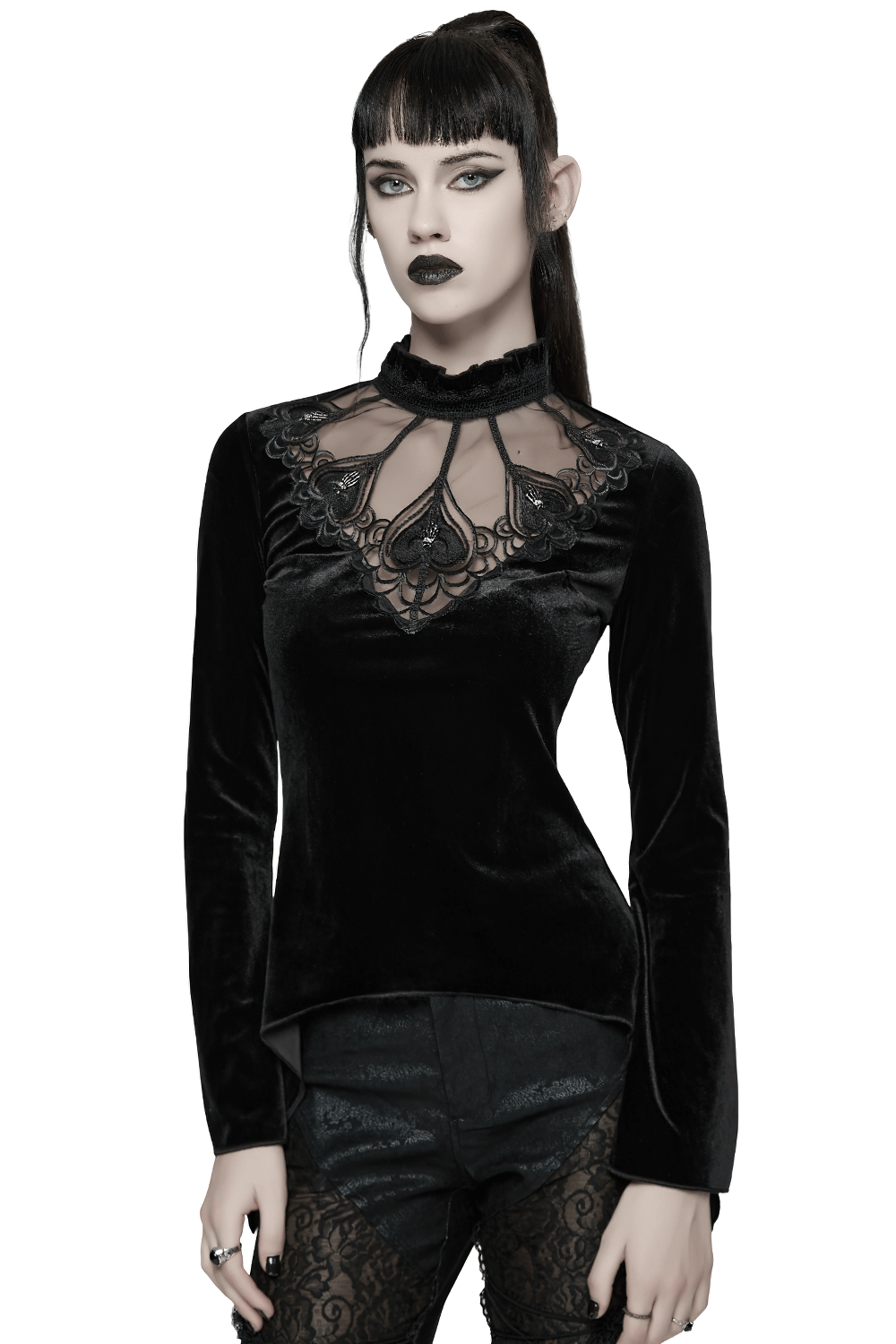 Elegant model showcasing a Velvet Gothic Top with Sheer Lace and Ruffled Collar.