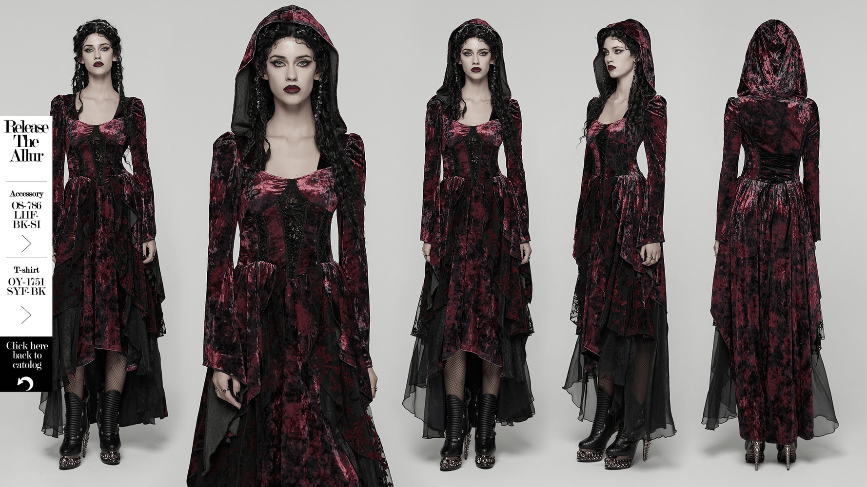 Velvet Gothic Vampire Hooded Dress with Lace Layers showcases a beautiful model in layered dark romantic attire.
