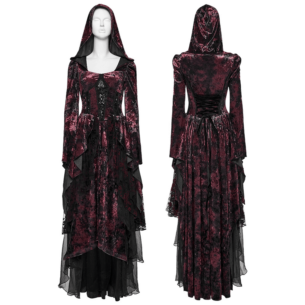 Velvet Gothic Vampire Hooded Dress with Lace Layers displayed from the front and back, showcasing its layered high-low design.