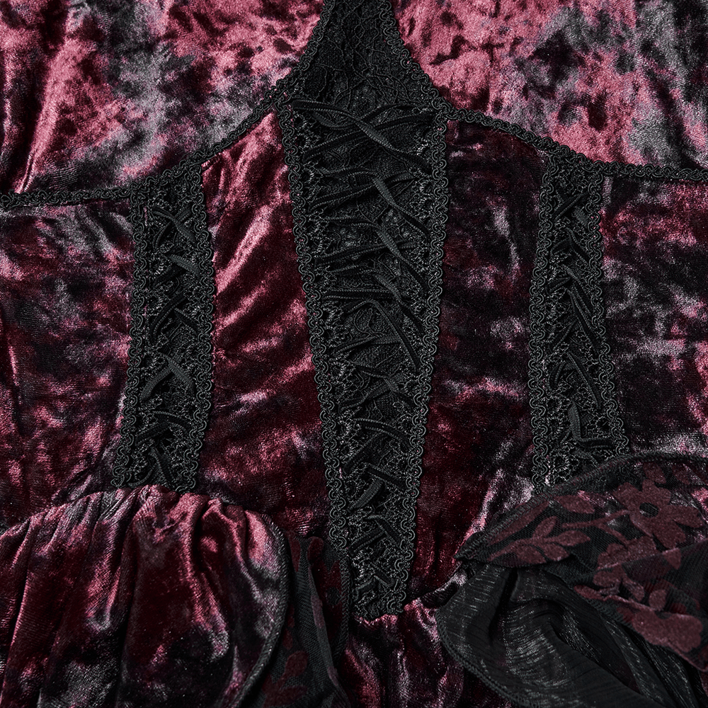 Close-up view of Velvet Gothic Vampire Hooded Dress with Lace Layers showcasing dark velvet and intricate lace details.
