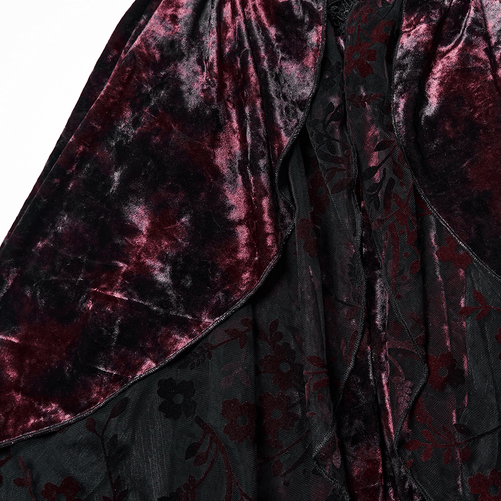 Velvet Gothic Vampire Hooded Dress with Lace Layers showing rich tie-dyed velvet and layered chiffon details.