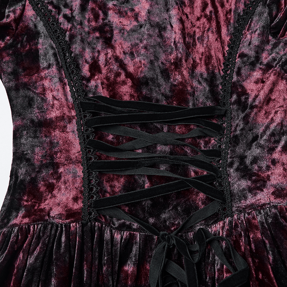 Velvet Gothic Vampire Hooded Dress with Lace Layers detail showing tie-up design and rich textural velvet.