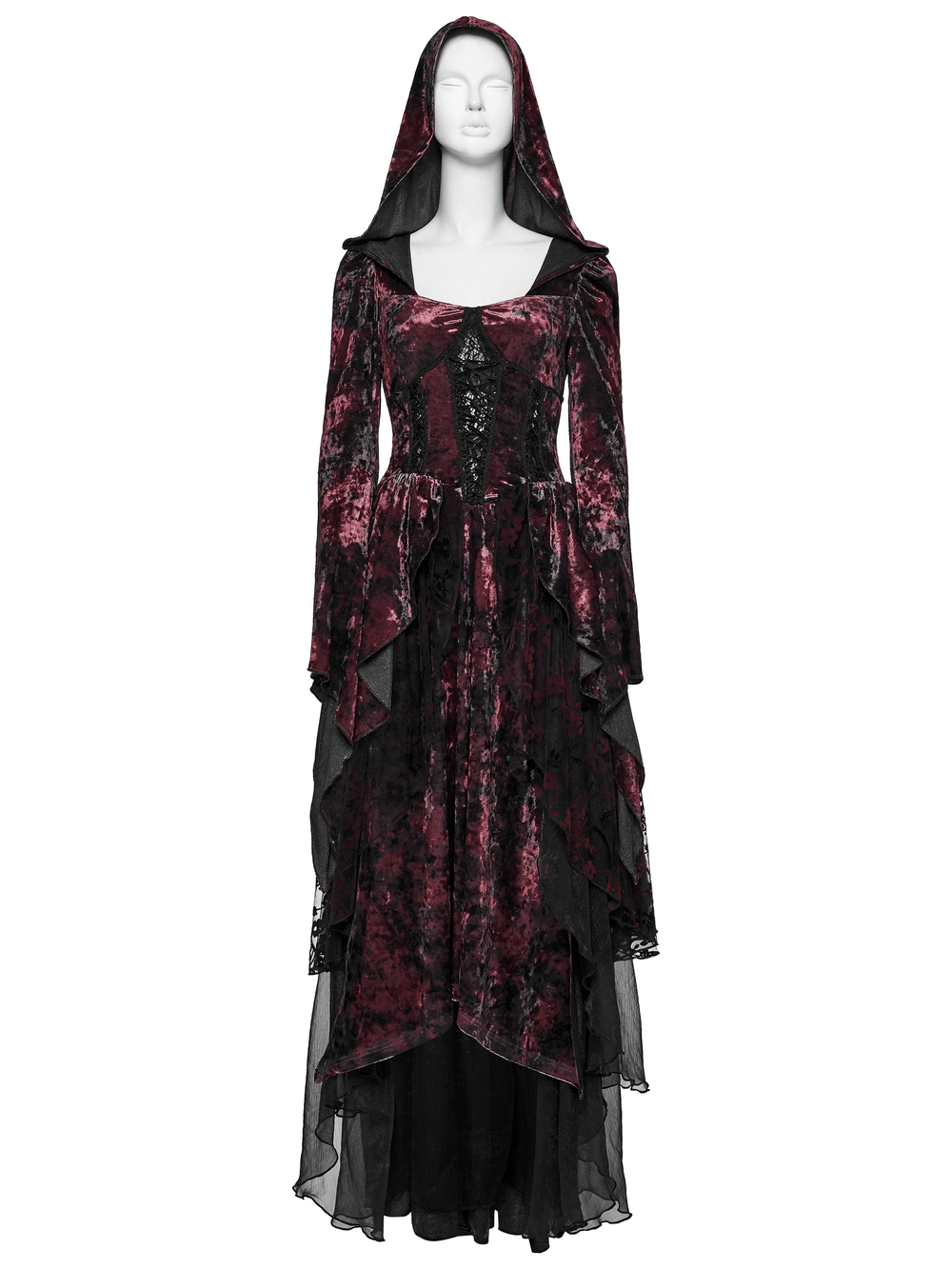 Velvet Gothic Vampire Hooded Dress with Lace Layers featuring layered velvet and chiffon design.