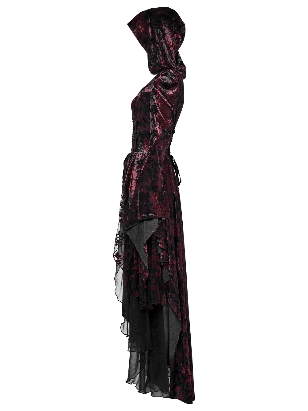 Velvet Gothic Vampire Hooded Dress with Lace Layers side view showcasing its intricate design and dramatic high-low hem.