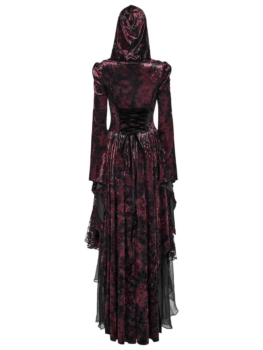 Velvet Gothic Vampire Hooded Dress with Lace Layers showcasing the dramatic back design and layered textures.