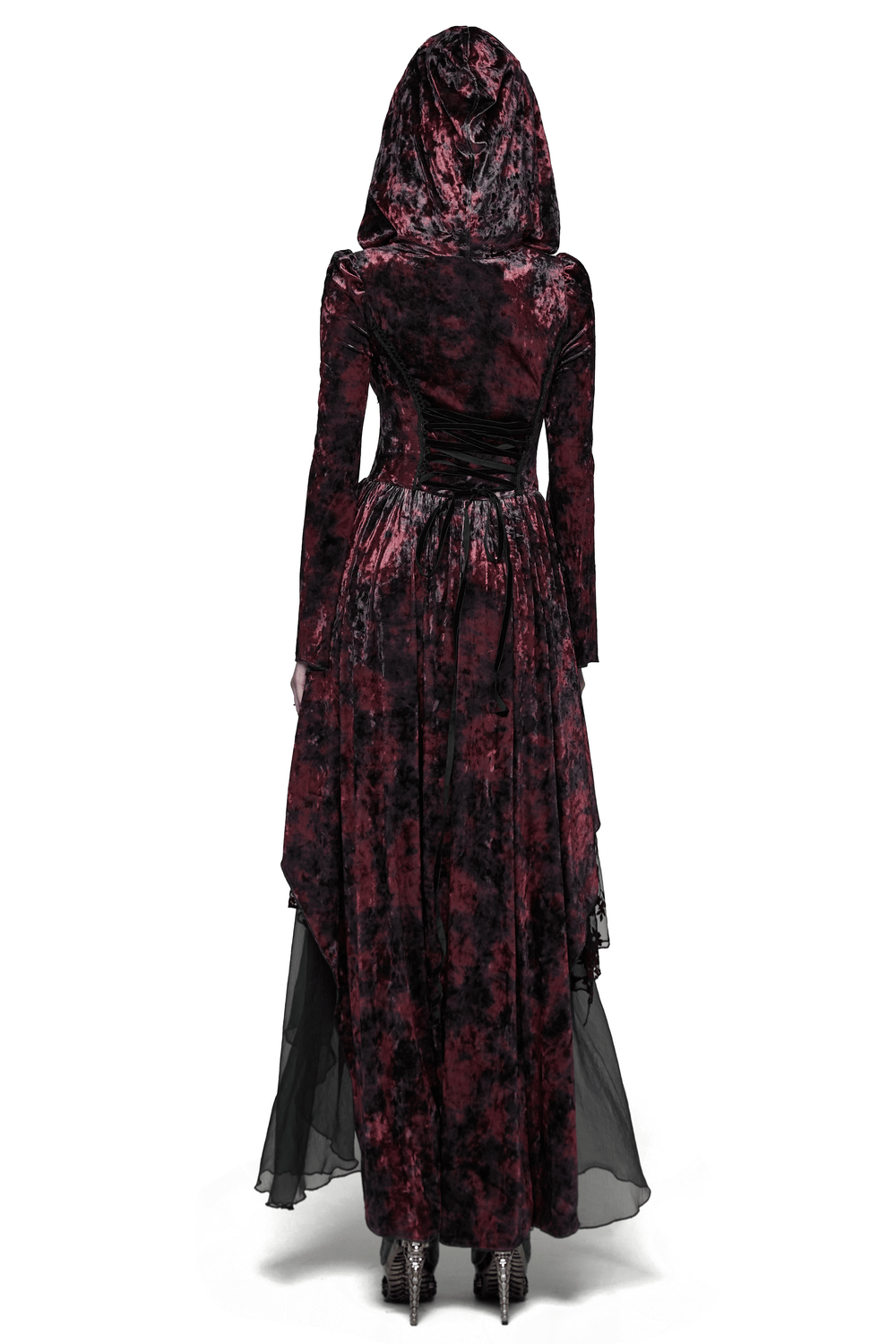 Back view of the Velvet Gothic Vampire Hooded Dress with Lace Layers featuring a high-low hem and dramatic texture.