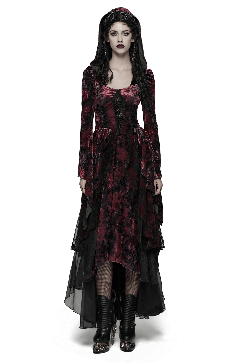 Velvet Gothic Vampire Hooded Dress with Lace Layers worn by a model, showcasing its dramatic high-low hem and velvet texture.
