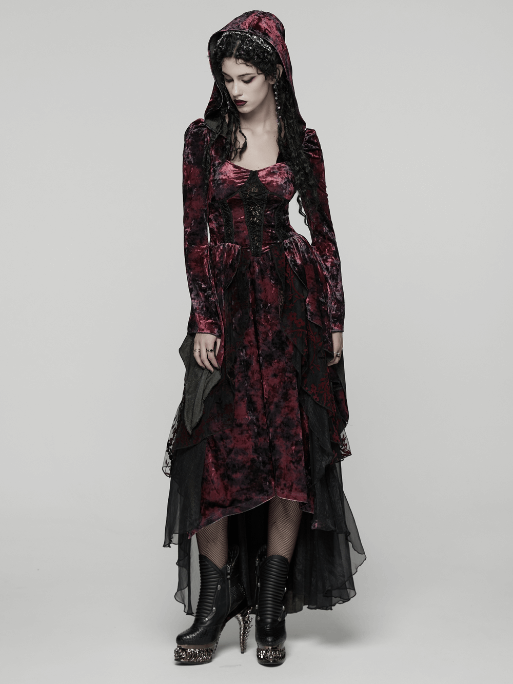 Velvet Gothic Vampire Hooded Dress with Lace Layers worn by model featuring dramatic high-low hem and layered lace.