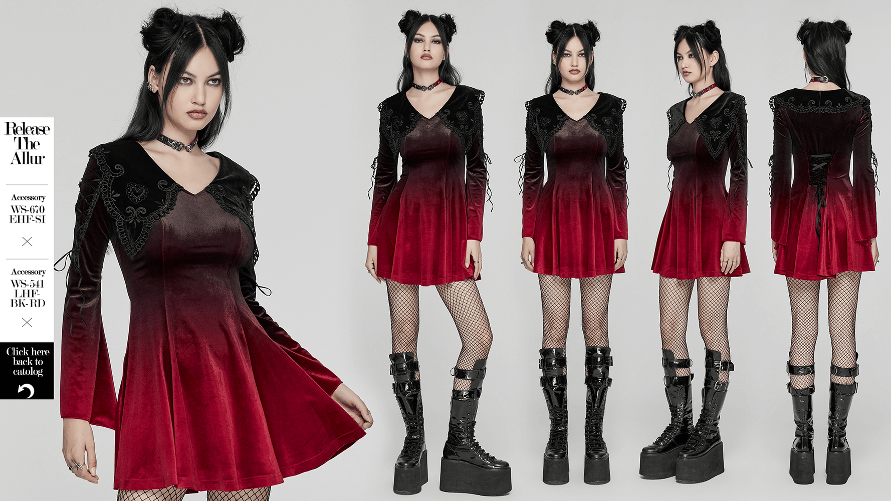 Gothic velvet gradient dress with flared sleeves, lace straps, and heart-shaped collar, perfect for a chic, edgy look.