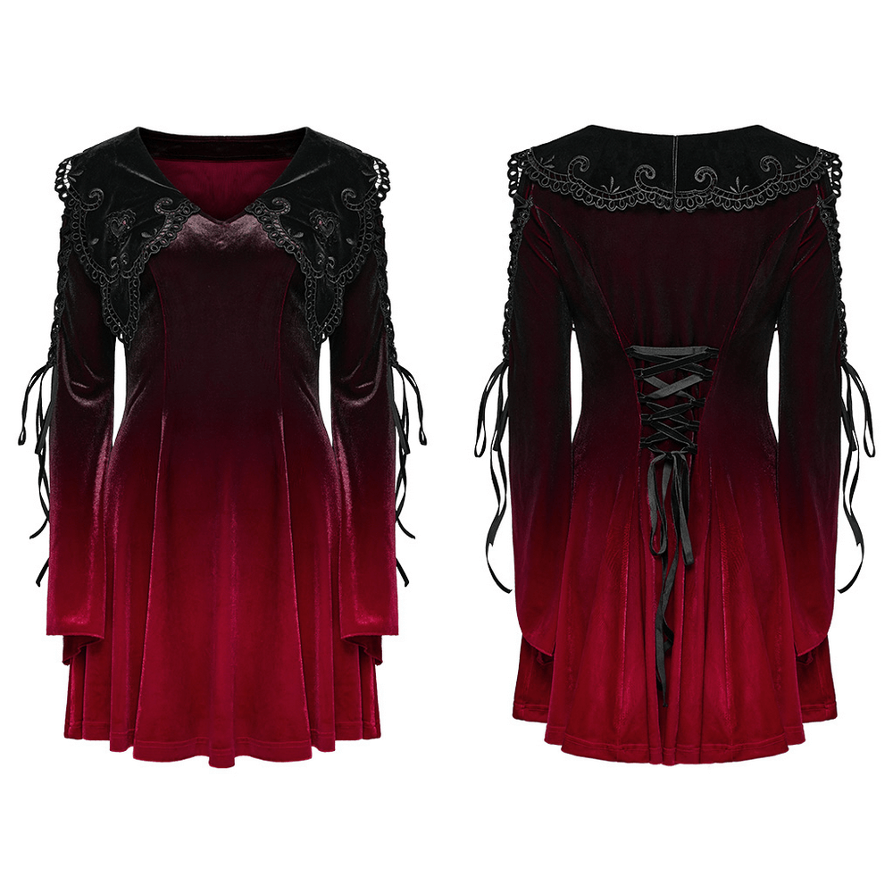 Velvet gradient gothic dress with lace straps and flared sleeves, featuring a hollow collar and side zipper.