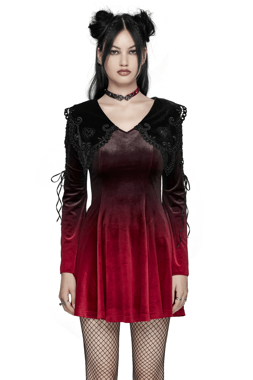 Velvet gradient gothic dress with lace straps, hollow collar, and flared sleeves, perfect for a chic, playful look.