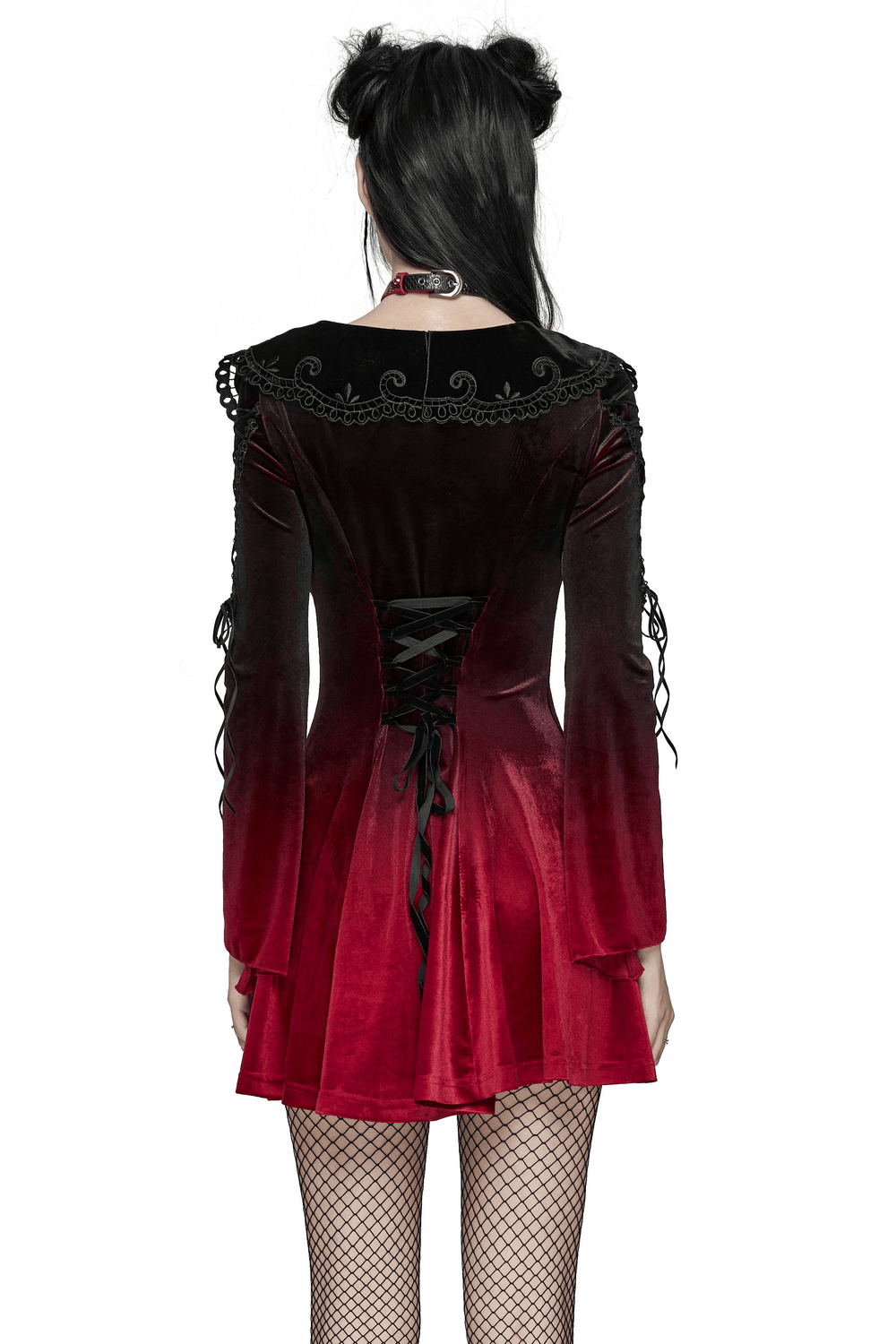 Back view of a velvet gradient gothic dress with lace straps and flared sleeves, showcasing a charming hollow collar.