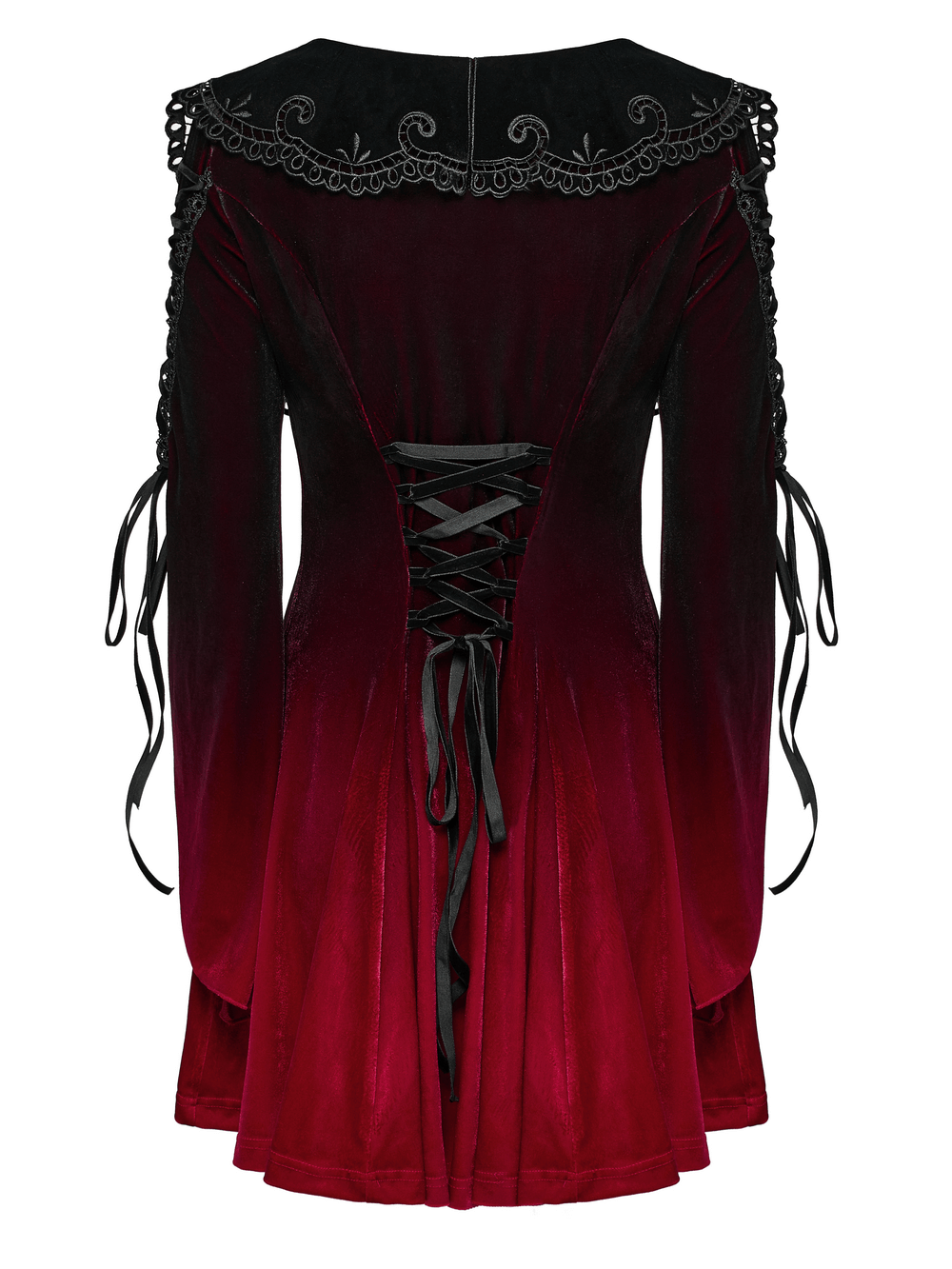 Elegant velvet gradient gothic dress with lace details and flared sleeves, featuring a charming hollow collar.