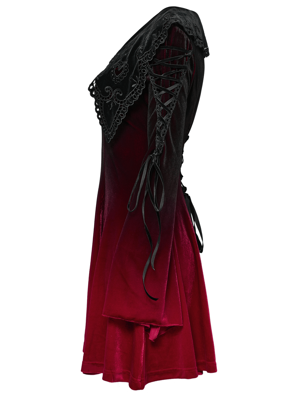Side view of a velvet gradient gothic dress with lace straps and flared sleeves, showcasing elegance and a flowy silhouette.