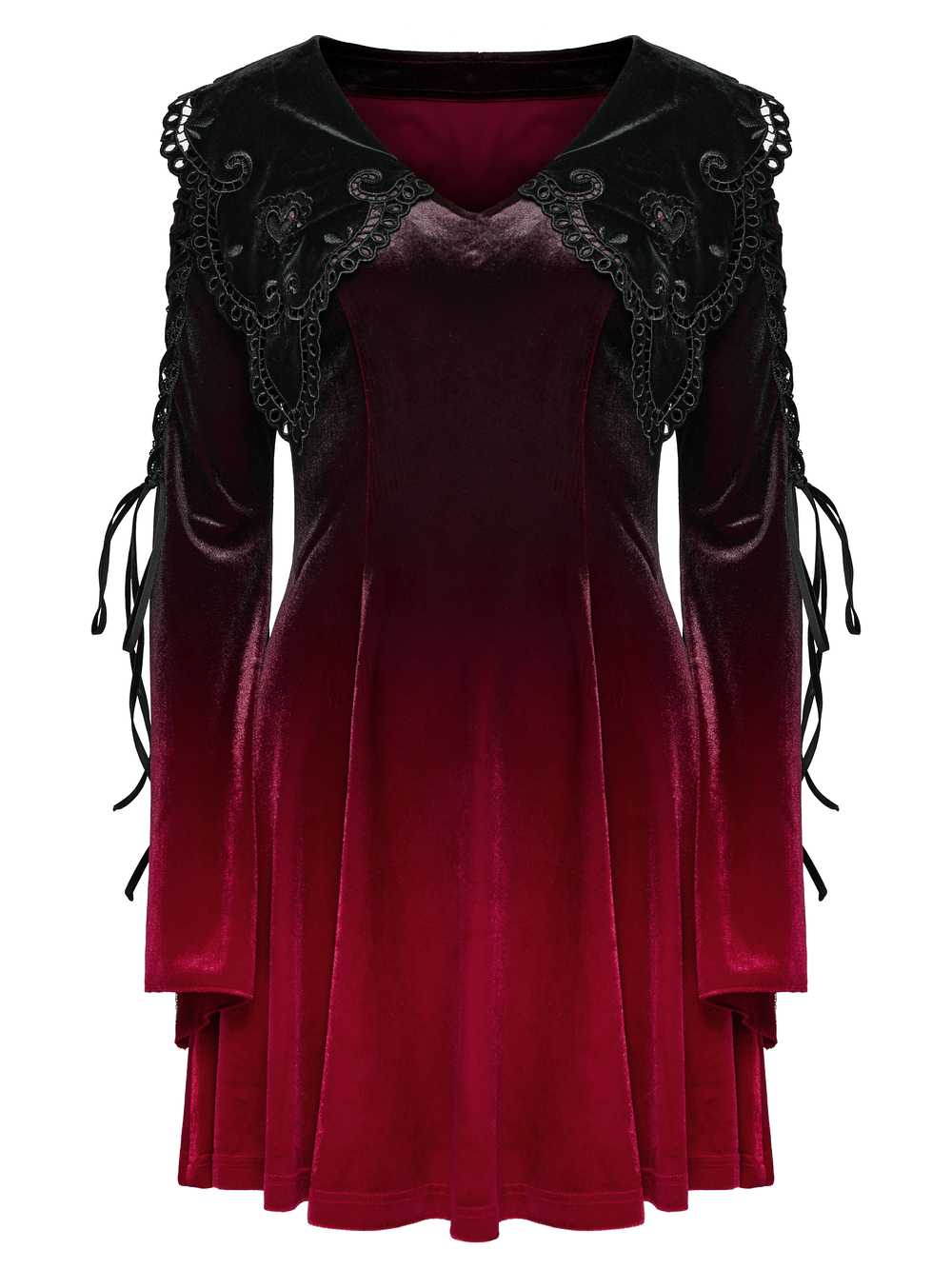 Velvet gradient gothic dress with lace straps and flared sleeves in deep red and black.