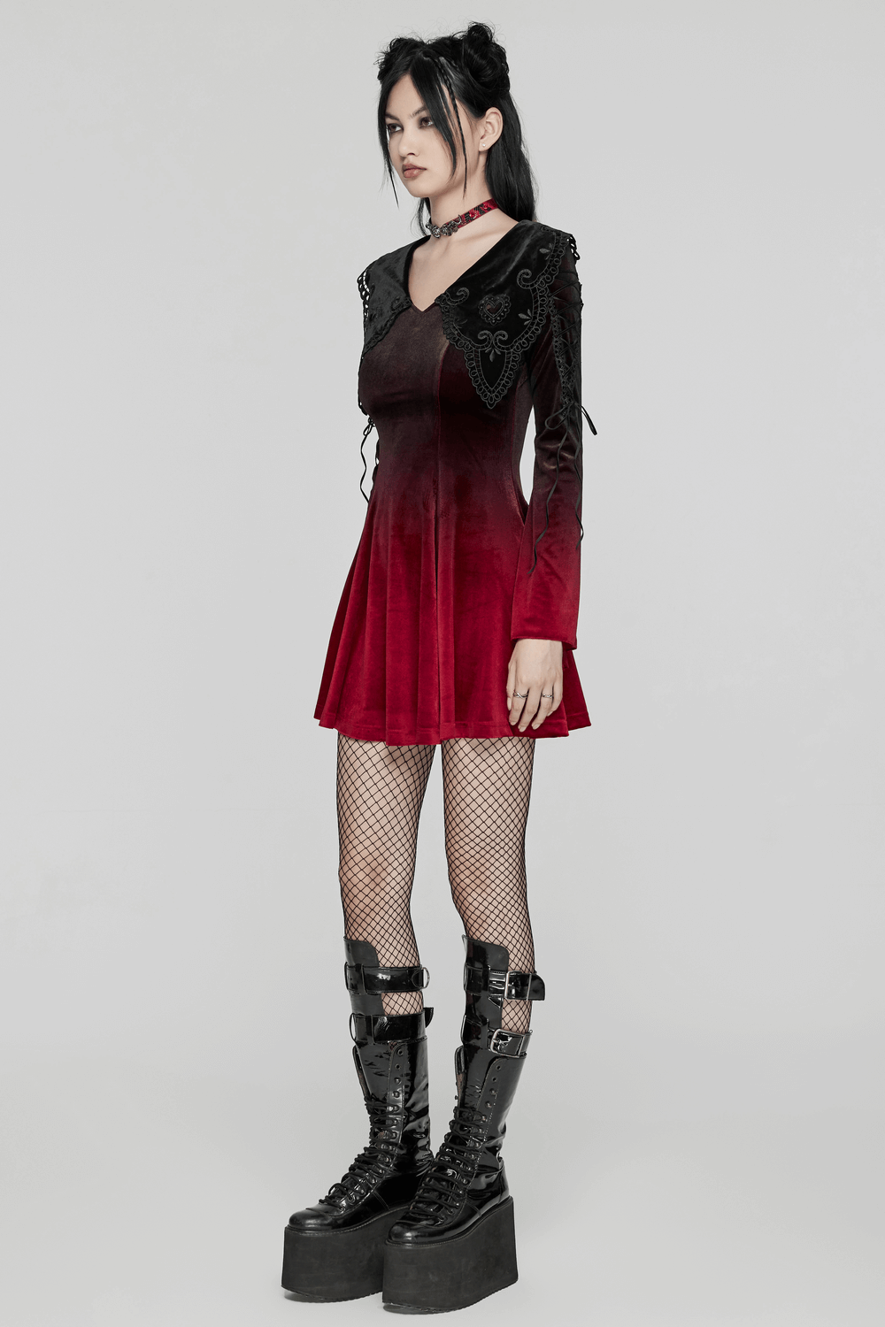 Gothic velvet gradient dress with lace straps, flared sleeves, and hollow collar in dark red.