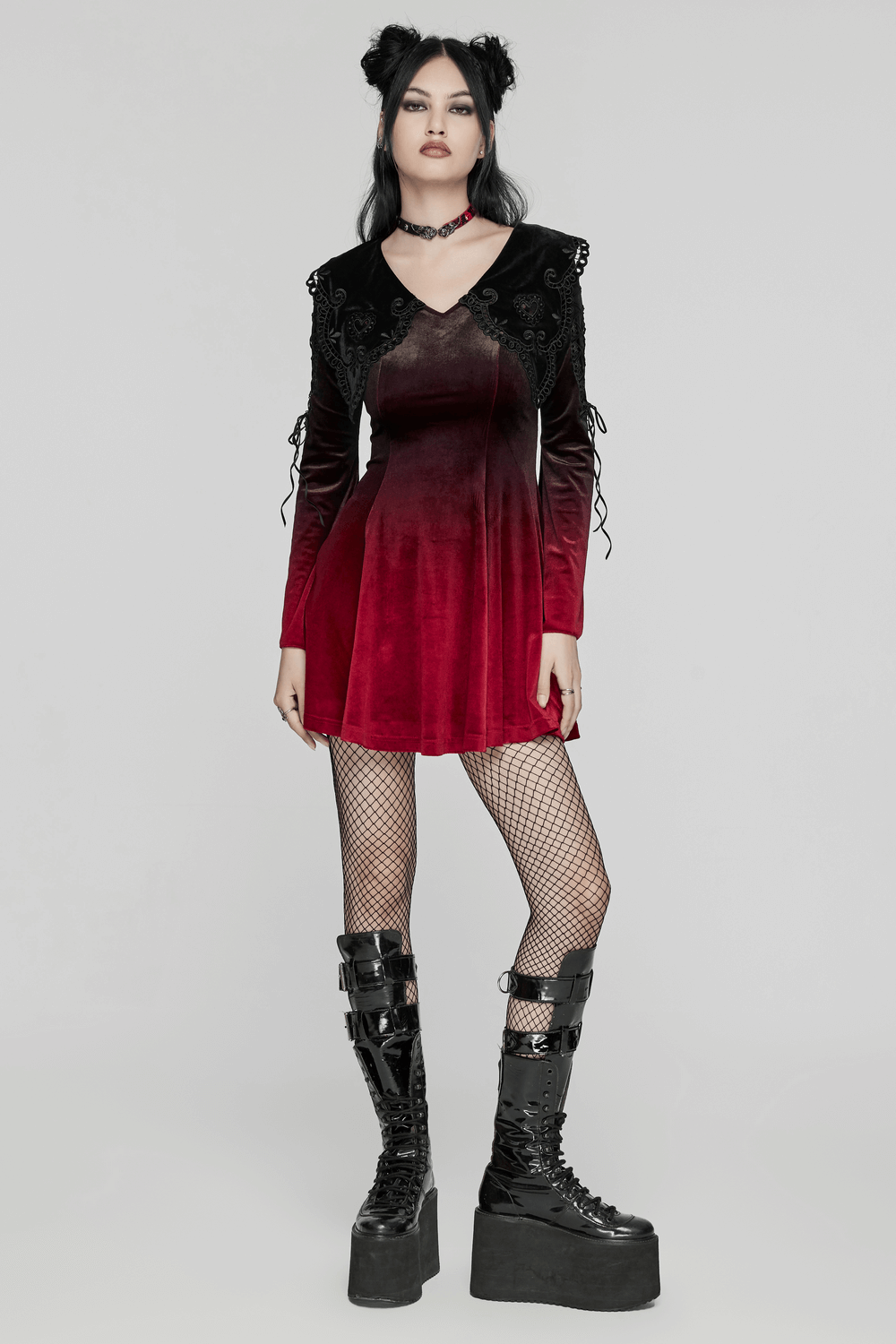Velvet gradient gothic dress with lace straps, flared sleeves, and hollow collar in rich red hues.
