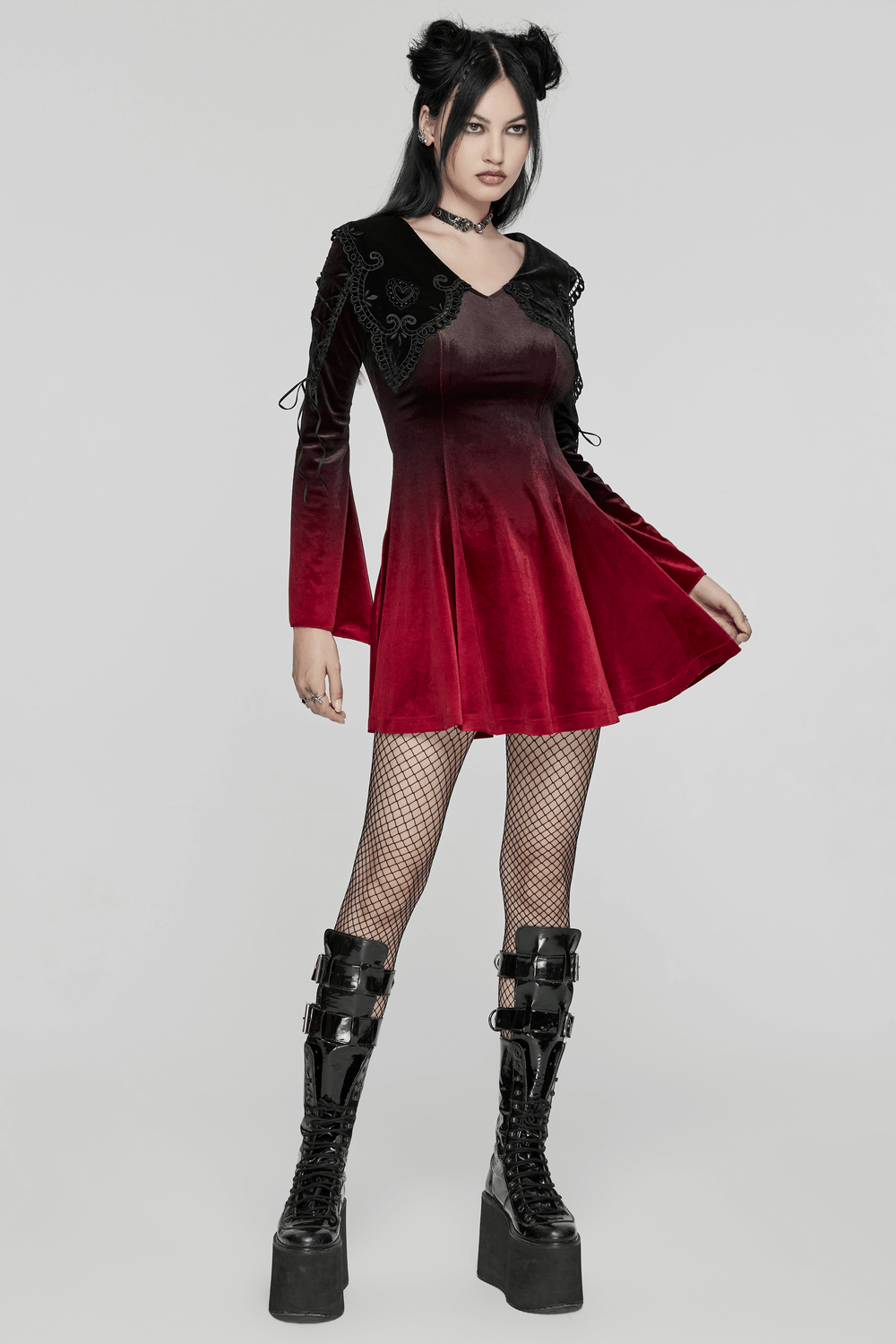Velvet gradient gothic dress with lace straps and flared sleeves, featuring hollow collar and stylish fishnet tights.