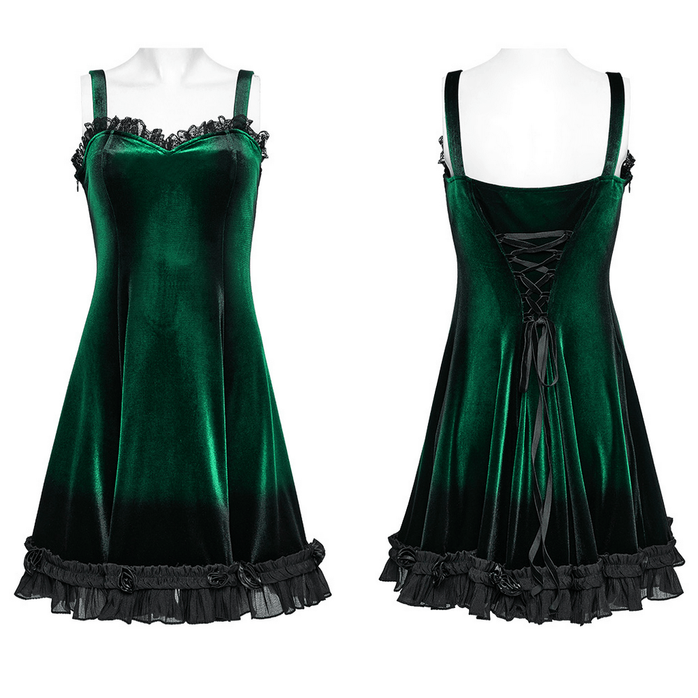 Goth velvet gradient dress with lace and ruffle details, showcasing front and back views.