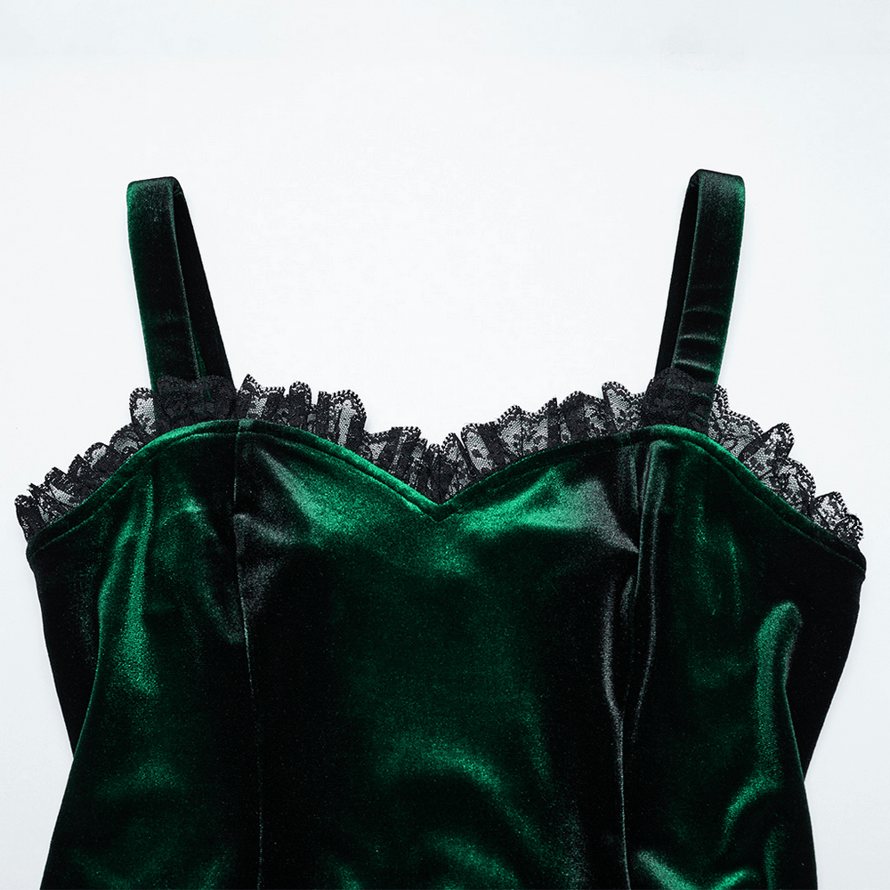 Close-up of green velvet dress top with lace trim and adjustable straps, showcasing elegant goth-inspired details.