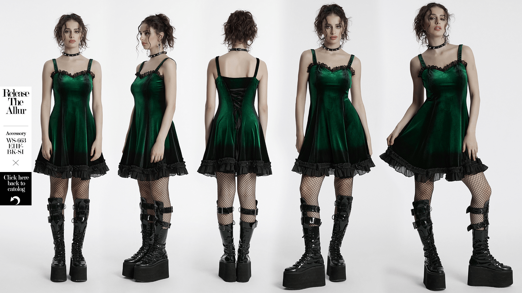 Goth velvet gradient dress with ruffles, lace accents, and chic platform boots, showcasing stylish A-line silhouette.