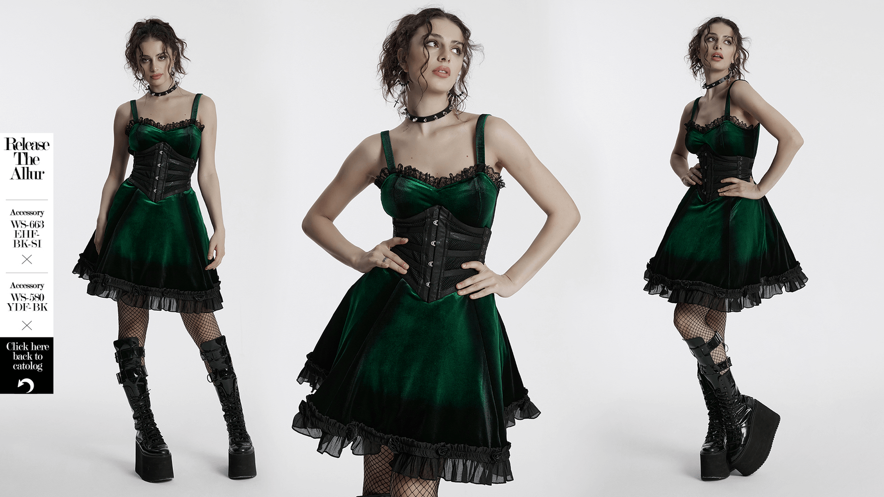 Goth velvet gradient dress with lace accents, ruffles, and A-line fit in rich green, paired with chunky black platform boots.